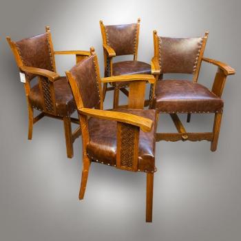 Four Chairs - solid oak, leather - 1920